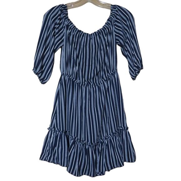 BB Dakota Off Shoulder Dress Fit & Flare Elastic Waist Striped Navy Blue White S - Picture 2 of 10